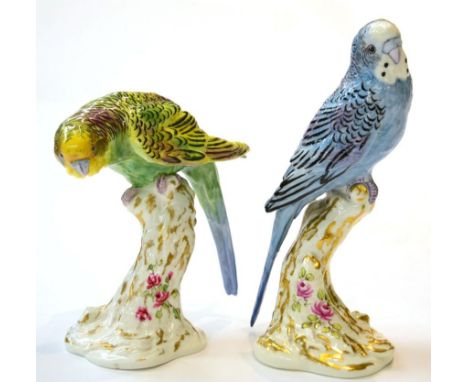 Two Royal Worcester bone china figures of Budgerigars 