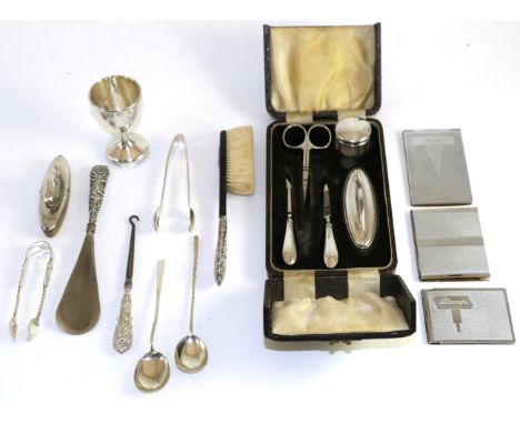Small quantity of silver and plate, various dates and makers including cased manicure set, together with a mother of pearl ha