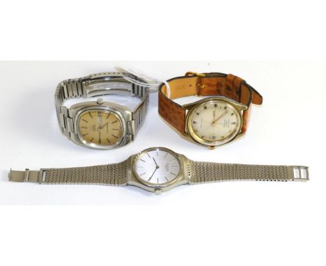 A stainless steel gents wristwatch, signed Omega, Seamaster; and two gents wristwatches, signed Longines, one automatic examp