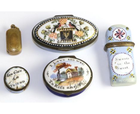 Four Georgian enamel trinket boxes, together with a brass vinaigrette of similar date 