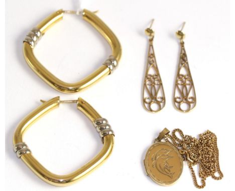A pair of 9ct gold hoop earrings, a pair of 9ct gold drop earrings and a 9ct gold locket on chain (3)19.41g gross 