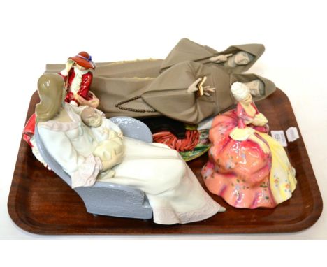 Two Royal Doulton figures ''Wistful'', ''Top O'The Hill'', ''Top O'The Hill'' plate and two Lladro figures 
