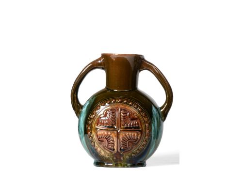 Christopher Dresser for Linthorpe Pottery: A Twin-Handled Vase, shape No.337, moulded with a repeating Aztec designs to each 