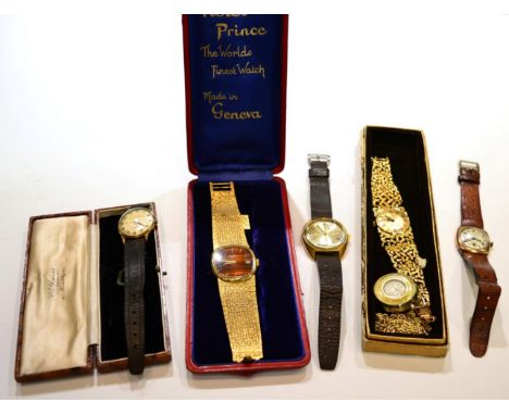 Two 9ct gold gents wristwatches, two Rotary plated wristwatches, gilt metal pendant watch and chain, gilt metal lady's bracel