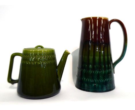 Christopher Dresser for Linthorpe Pottery: A Jug, shape No.633, repeating design, impressed LINTHORPE Chr Dresser 633 HT, 22.