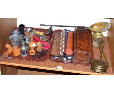 Mixed group including 19th century herb cutter, treen dice shakers, cribbage boards, pewter, six silver spoons, a matching si