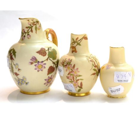 Three Royal Worcester blush ivory jugs painted with flowers 