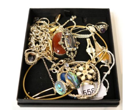 A chain necklace stamped '750', length 40cm, a 9ct gold cuban link bracelet, a fine chain necklace, a pair of drop earrings (