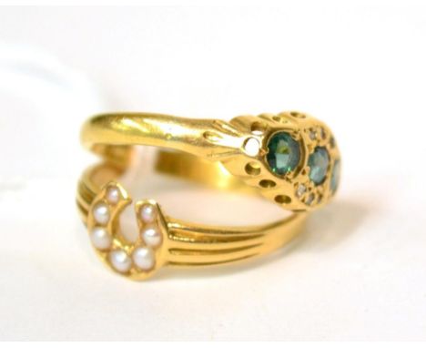 An 18ct gold seed pearl set horseshoe ring, finger size O and an emerald and diamond ring, finger size P (2) 4.6g gross