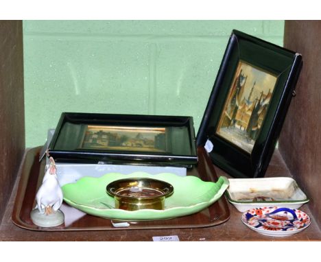 A collection of ceramics comprising a pair of painted tiles, Dutch townscapes, ebonised frames; a Copenhagen cockerel and 198