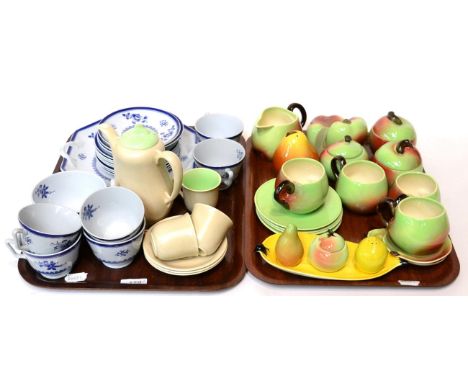 A Carlton Ware green apple teaset and condiment, Spode teaset and a Clarice Cliff part coffee set (two trays)