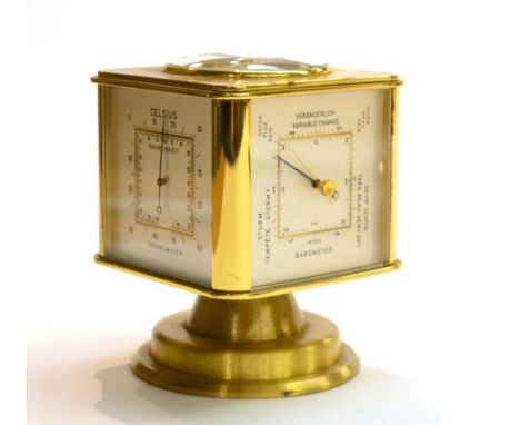 A 20th Century Swiss barometer, thermometer, hygrometer, clock and compass desk stand, of square form, footed base, 10cm in h