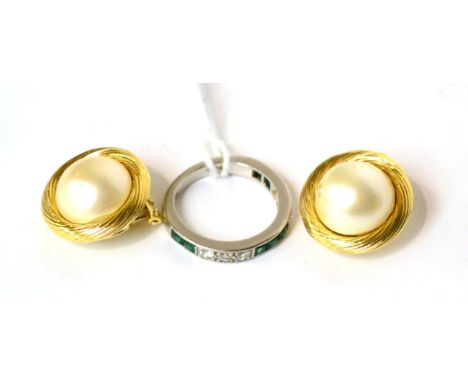 A pair of 18ct gold pearl clip earrings together with an emerald and diamond ring (a.f.)15.71g gross, ring size N 1/2 , one e