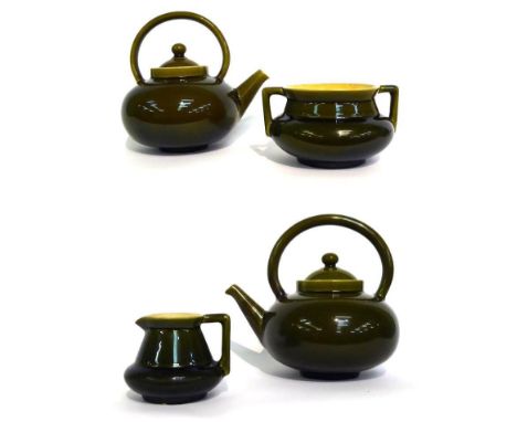 Two Linthorpe Pottery Tea Kettles, shape No.628, olive glaze, impressed LINTHORPE 628, 16cm; and A Linthorpe Pottery Jug and 