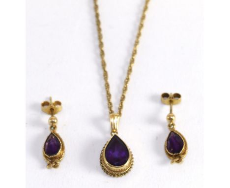 An amethyst pendant on a Prince of Wales chain and a pair of 9ct gold amethyst drop earrings (2)6.18g gross 