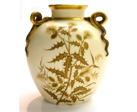 A Royal Worcester blush ivory vase with snake handles