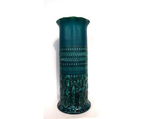 A Linthorpe Pottery Stick Stand, moulded with flower heads and repeating designs in a turquoise glaze, impressed LINTHORPE 22