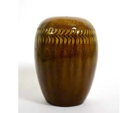 Christopher Dresser for Linthorpe Pottery: A Vase, shape No.211, repeating pattern in mustard glaze, impressed LINTHORPE 211 