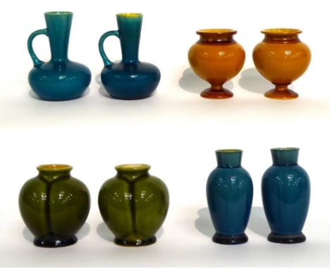 A Pair of Linthorpe Pottery Vases, shape No.837, mustard glaze, impressed LINTHORPE 837, 7.5cm; and Three Other Pairs of Lint