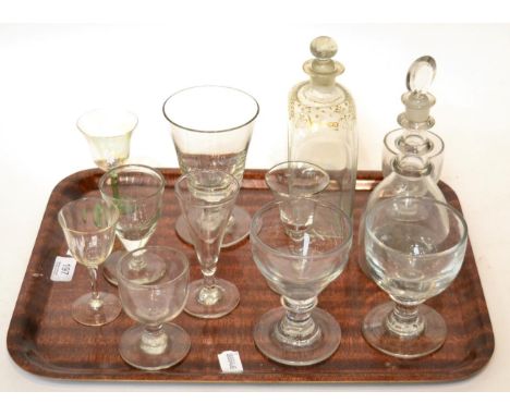A tray of Georgian and later glass, including triple ring neck decanter, cordials etc 