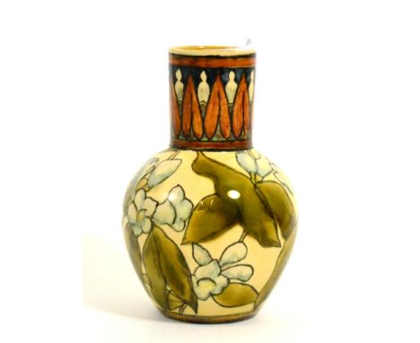 Christopher Dresser for Linthorpe Pottery: A Vase, shape No.197, painted with repeating designs to neck and white flowers to 