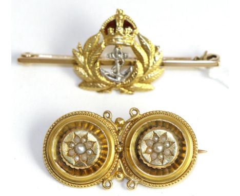 A navy sweetheart brooch and a Victorian seed pearl brooch 10.34g gross 
