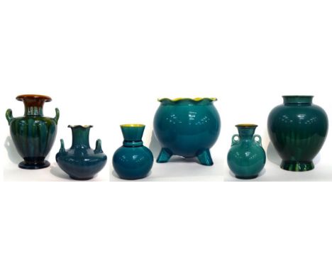 A Linthorpe Pottery Vase, shape No.967, turquoise and green glaze, impressed LINTHORPE 967, 19cm; and Five Other Pieces of Li