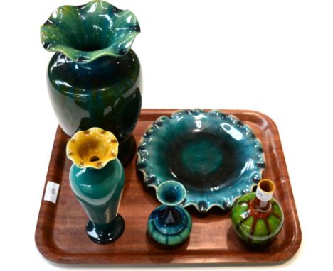 A Linthorpe Pottery Vase, shape No.1784, green/turquoise glaze, impressed LINTHORPE 1784, 28cm; and Five Other Pieces of Lint