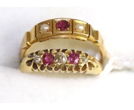 An 18ct gold ruby and seed pearl ring, finger size L and a ruby and diamond ring, finger size L1/2 (s) 5.4g gross