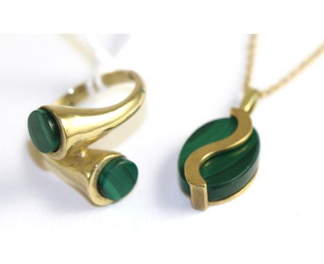 A malachite set cross over ring, stamped '9CT', finger size M1/2 and a malachite pendant on chain, stamped '9CT (2)9.4g gross