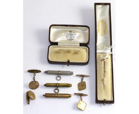 A cased set of three dress studs, stamped '18CT', a pearl set stick pin, various pairs of cufflinks and dress studsCased dres