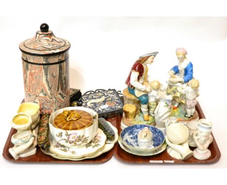 Two Continental figures, a marble jar and cover, four 19th century tea bowls and other ceramics and a ceramic tile, together 