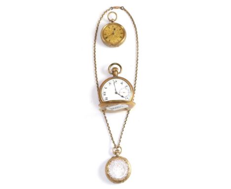 Two lady's fob watches with cases stamped '9K' and '14K', chain with applied plaque stamped '9ct' and a plated pocket watch 