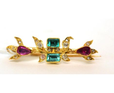 An emerald, ruby and diamond set brooch 4g