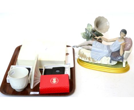 Lladro china group, The Flapper, depicting a young woman with cigarette, reclining on a chaise longue, together with Lladro b