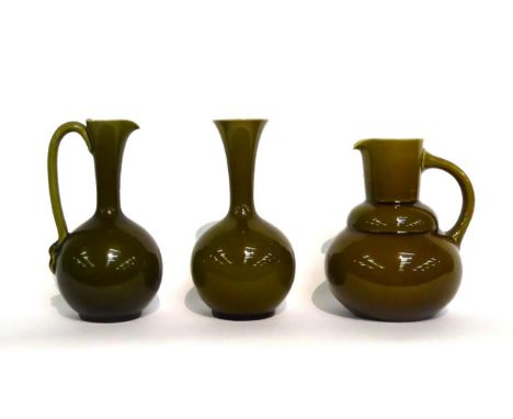 A Linthorpe Pottery Jug, shape No.826, olive glaze, impressed LINTHORPE 826, 18cm; and Two Other Pieces of Linthorpe Pottery 