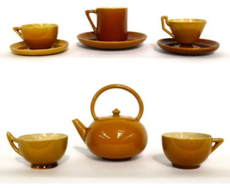 A Linthorpe Pottery Tea Kettle, shape No.1056, mustard glaze, impressed LINTHORPE 1056, 13.5cm; and A Group of Linthorpe Pott