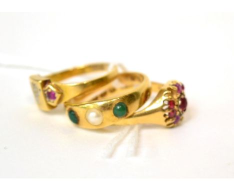 Three 18ct gold gem set rings 10.35g gross, size M, K and L 1/2 