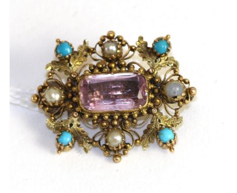 An amethyst, seed pearl and a turquoise brooch 