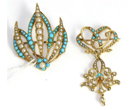 A seed pearl and turquoise mounted yellow metal brooch together with a similar brooch with pendant drop (2)16.1g gross 