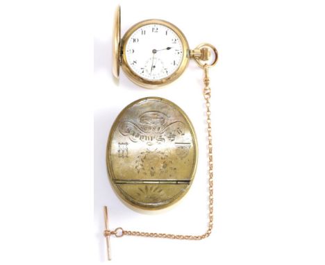 A 9ct gold watch chain and a gents gold plated hunter pocket watch together with a 19th century brass Masonic snuff box (3)