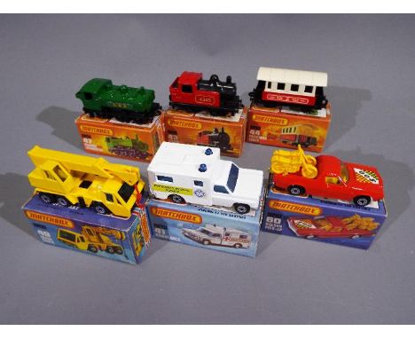 Matchbox - A collection of 6 x boxed 1970s Superfast vehicles including # 43 Steam Loco, # 49 Crane Truck, # 60 Holden Pickup