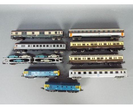 Lima, Airfix - Two unboxed Class 34 Bo-Bo Diesel locomotives by Lima Op.No. D6524 in BR blue livery; with a rake of 7 HO/OO g