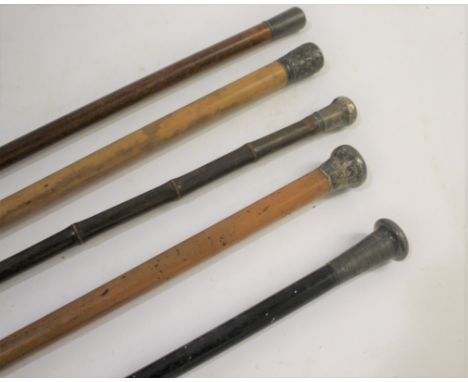 SILVER TOP WALKING STICKS including a malacca shafted walking stick with a silver top designed with figures and trees, possib