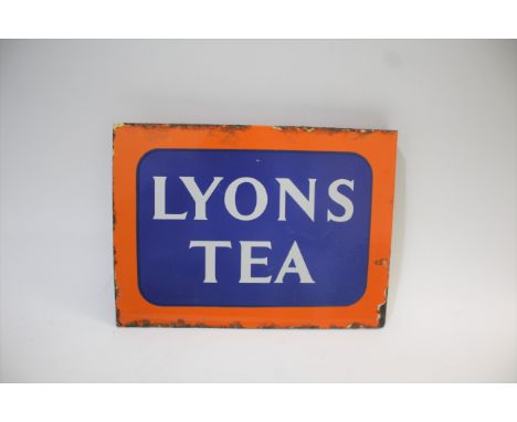 LYONS TEA ENAMEL SIGN a double sided enamel sign for Lyons Tea, with a wall mounted flange on one side. 38cms by 28cms