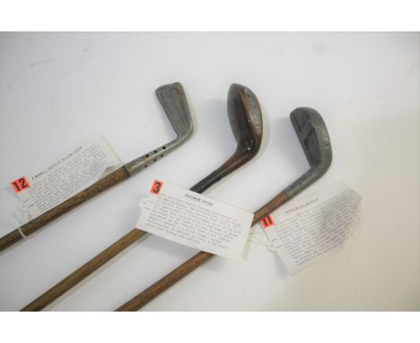 EARLY GOLF CLUBS various clubs including a hickory shafted Persimmon headed through bore Putter (by Alec Bishop of Harlech), 