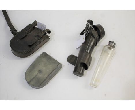 LEATHER CASED HUNTING FLASK a conical shaped glass flask, with a silver plated screw top and in a fitted leather case. Also w