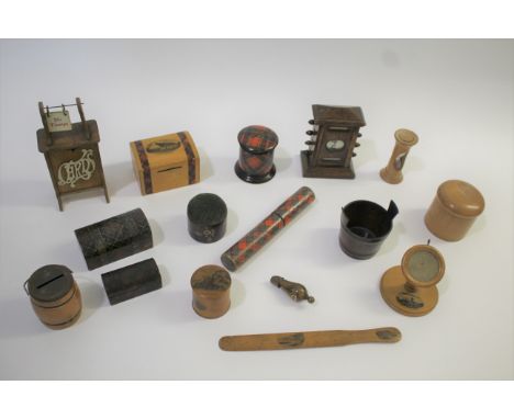 TREEN ITEMS an interesting mixed lot including a wooden whistle (Made of Old Ferry Boat which was used on the Dee at Kirkcudb
