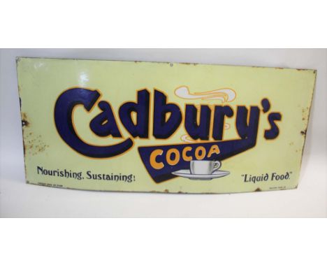 CADBURYS COCOA ENAMEL SIGN a large Cadbury's Cocoa pictorial enamel sign, Nourishing, Sustaining, Liquid Food. 91cms by 41cms
