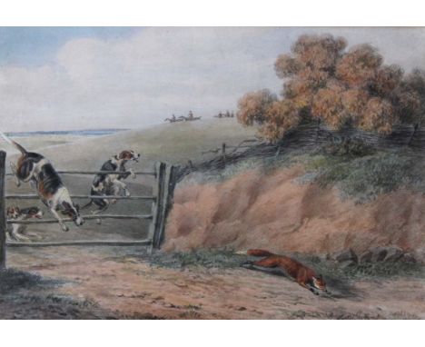 CIRCLE OF SAMUEL HOWITT HOUNDS PURSUING A FOX THROUGH A GATE Watercolour and pencil 18 x 26cm.